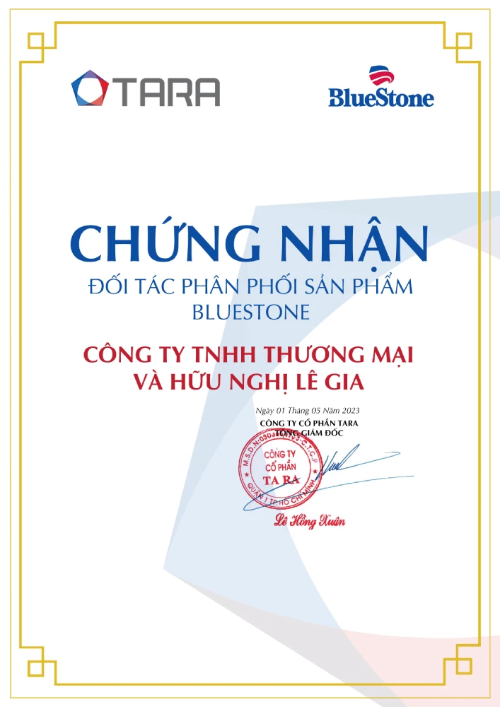 Giấy chứng nhận đại lý chính hãng của BlueStone