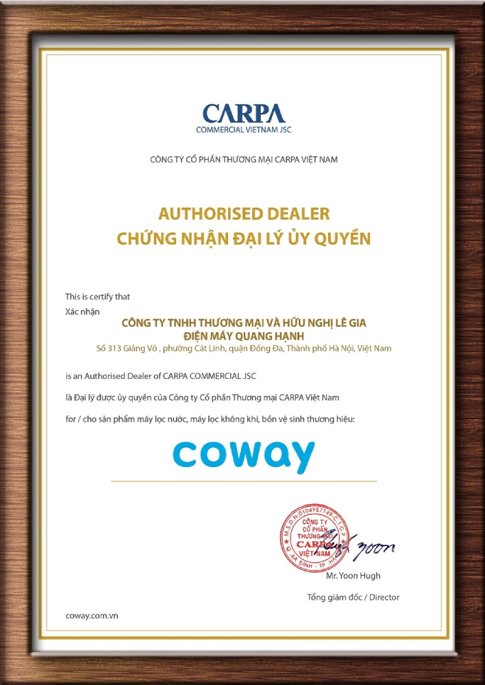 Giấy chứng  nhận đại lý Coway