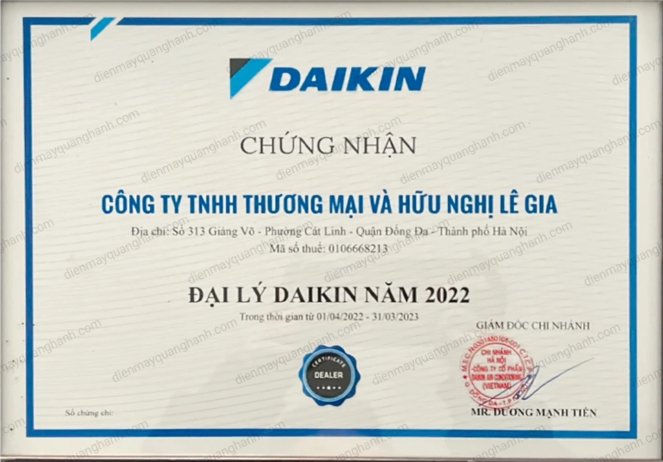 Chứng nhận nhà phân phối chính hãng DAIKIN năm 2022