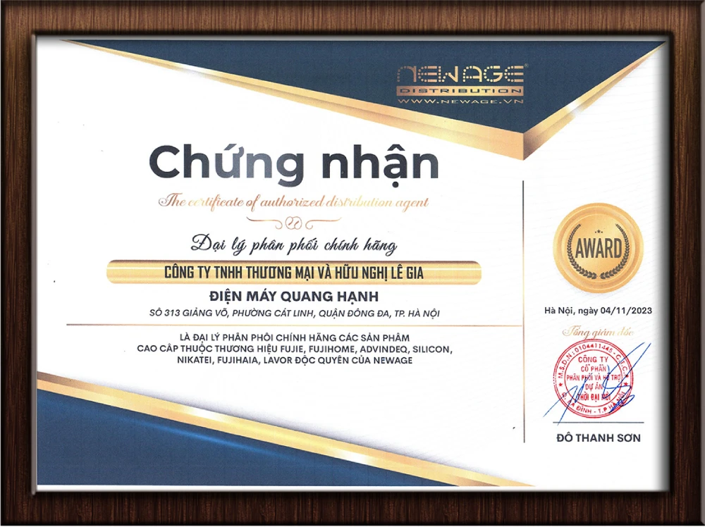 Chứng nhận đại lý chỉnh hàng của NEWAgE
